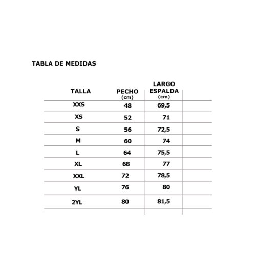 TABLA DE MEDIDAS SARGA