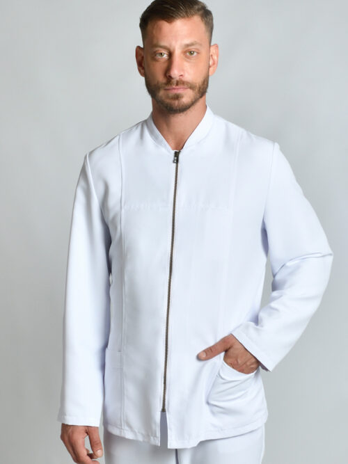 Chaqueta de hombre blanca con cremallera dorada
