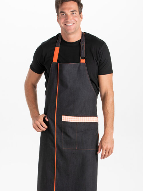 Delantal denim negro peto cuadro naranja
