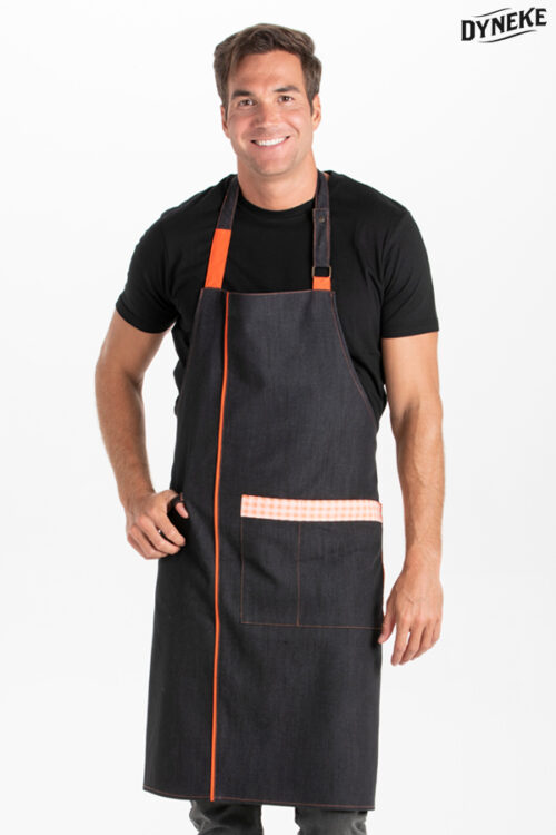 Delantal denim negro peto cuadro naranja